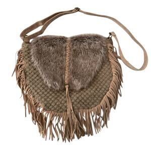 Boho Fringe Crossbody Bag Faux Fur Western Festival Indie Cowgirl Tan AZIZA